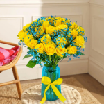Yellow Roses and Blue Baby’s Breath Bouquet