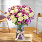 White Roses and Pink Baby’s Breath Bouquet